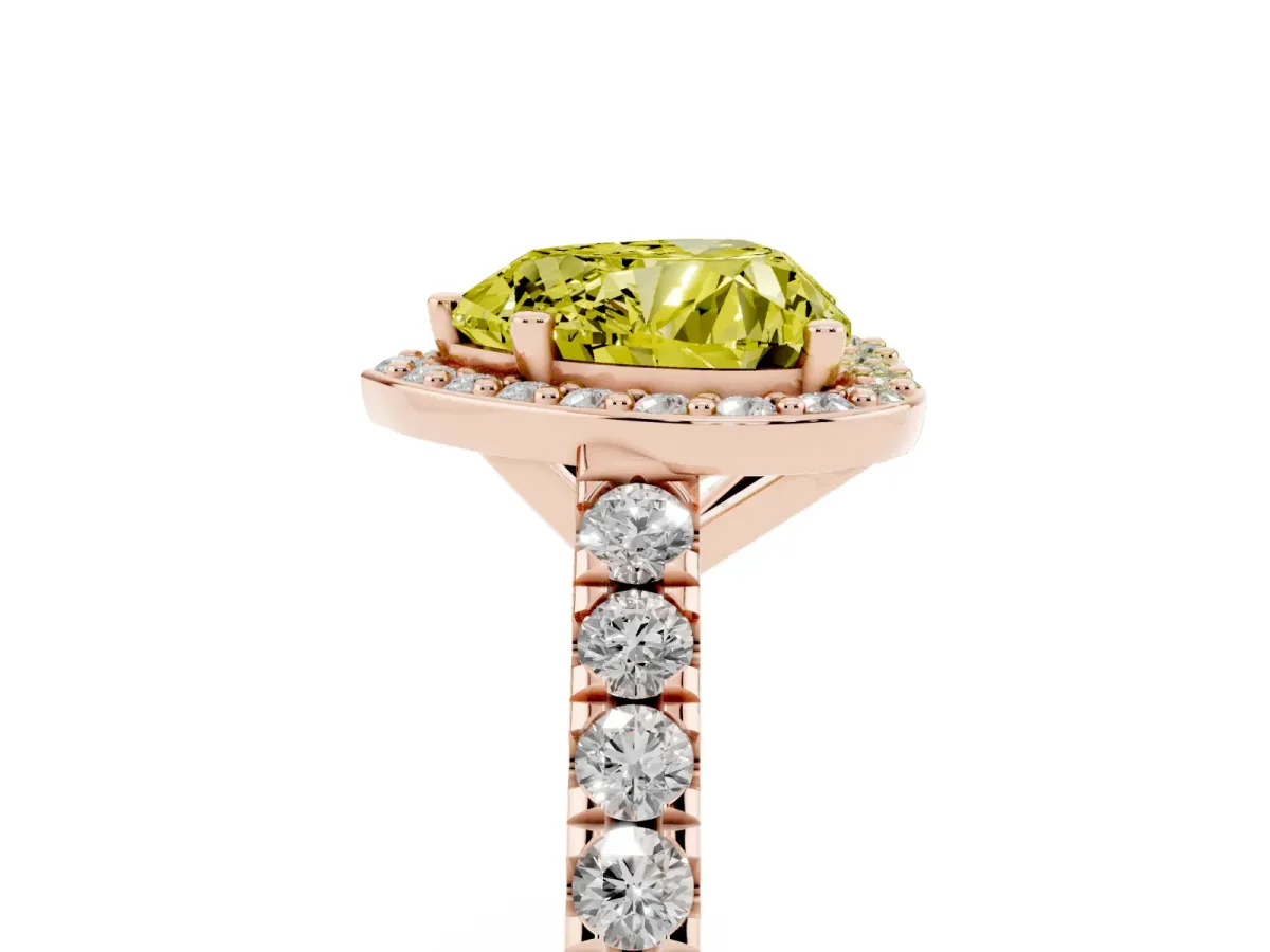 Fancy Yellow Heart Cut Cut Halo Diamond Engagement Ring with Pave Band and Four-Prong Setting Rose gold