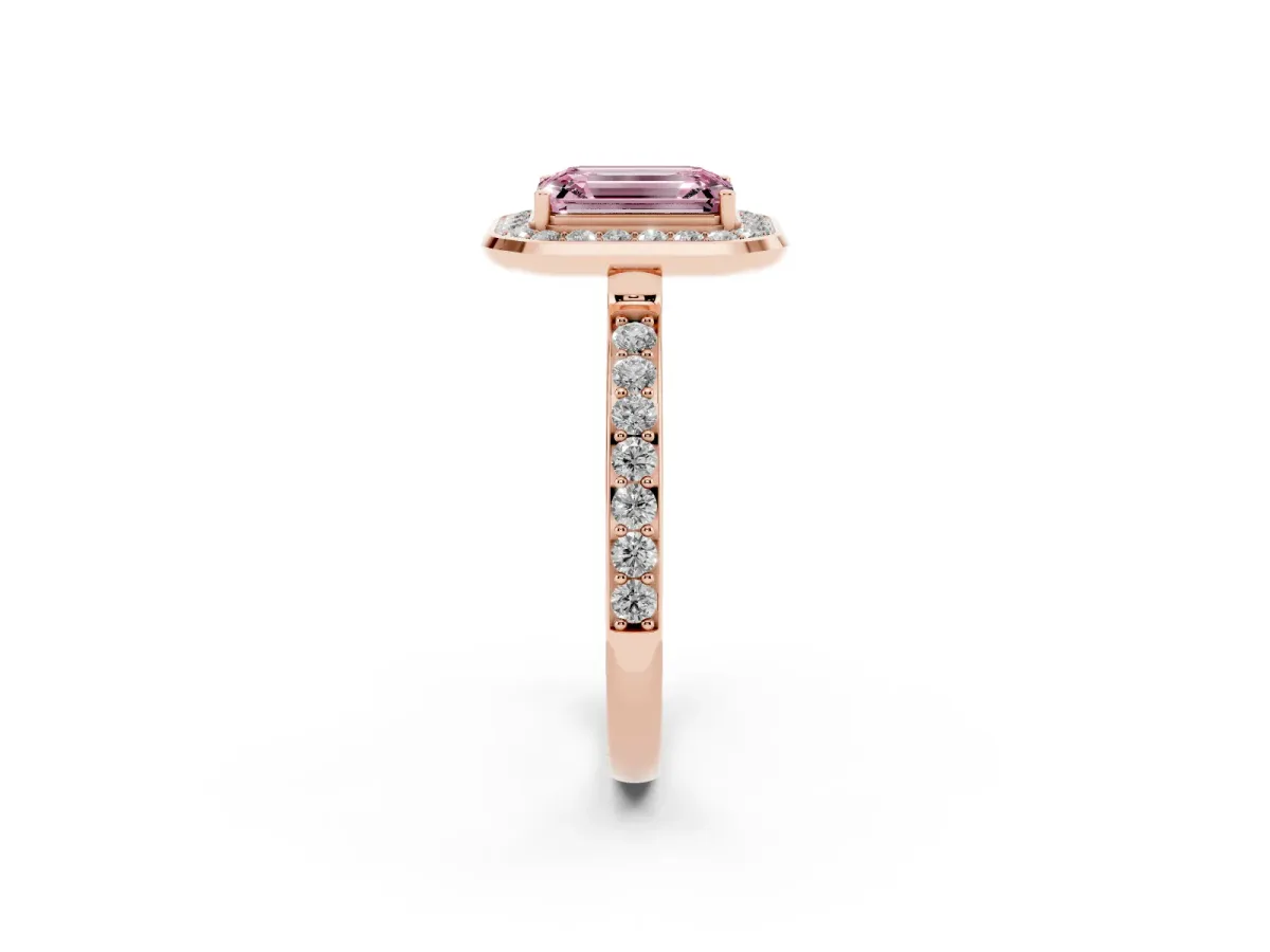 Fancy Pink Emerald Cut Diamond Halo Ring with Bezel Frame and Pavé Band Rose gold