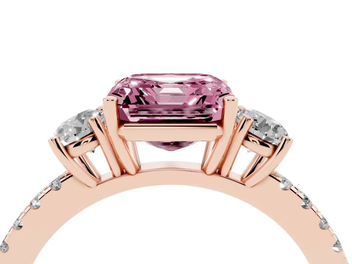 Fancy Pink Three-Stone Asscher Cut Cut Diamond Pavé Band with Prong Setting Rose gold