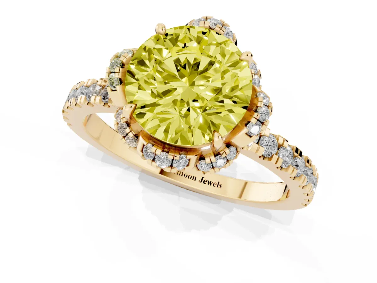 Fancy Yellow Round Cut Diamond Halo Pave Band with Four-Prong Setting Yellow gold