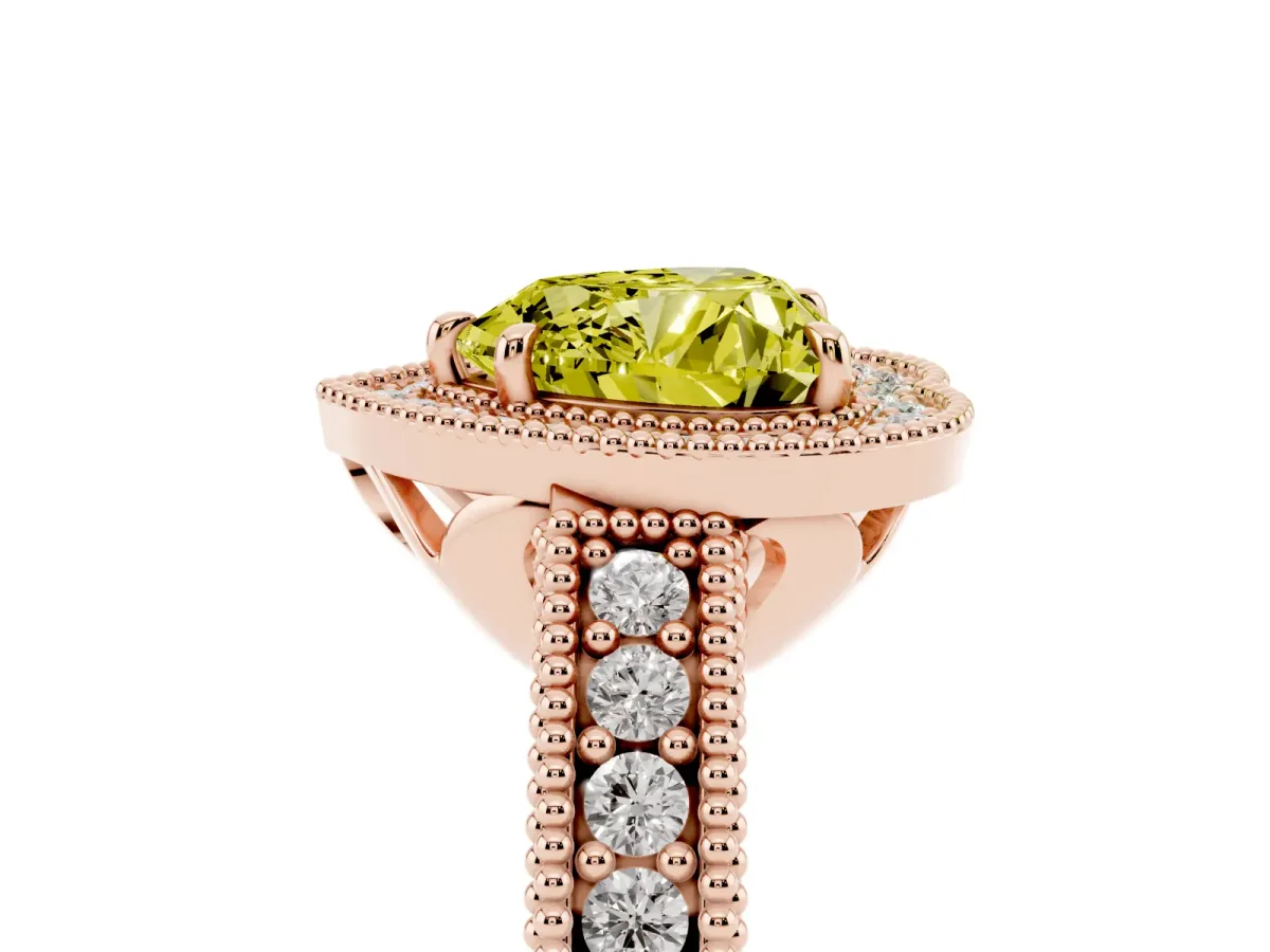 Fancy Yellow Heart Cut Cut Halo Diamond Ring with Pavé Band and Four-Prong Setting Rose gold