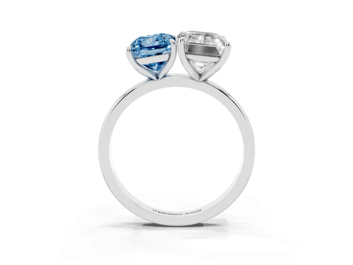 Fancy Blue Radiant Cut and Emerald Cut Toi Moi Ring with Prong Setting Silver