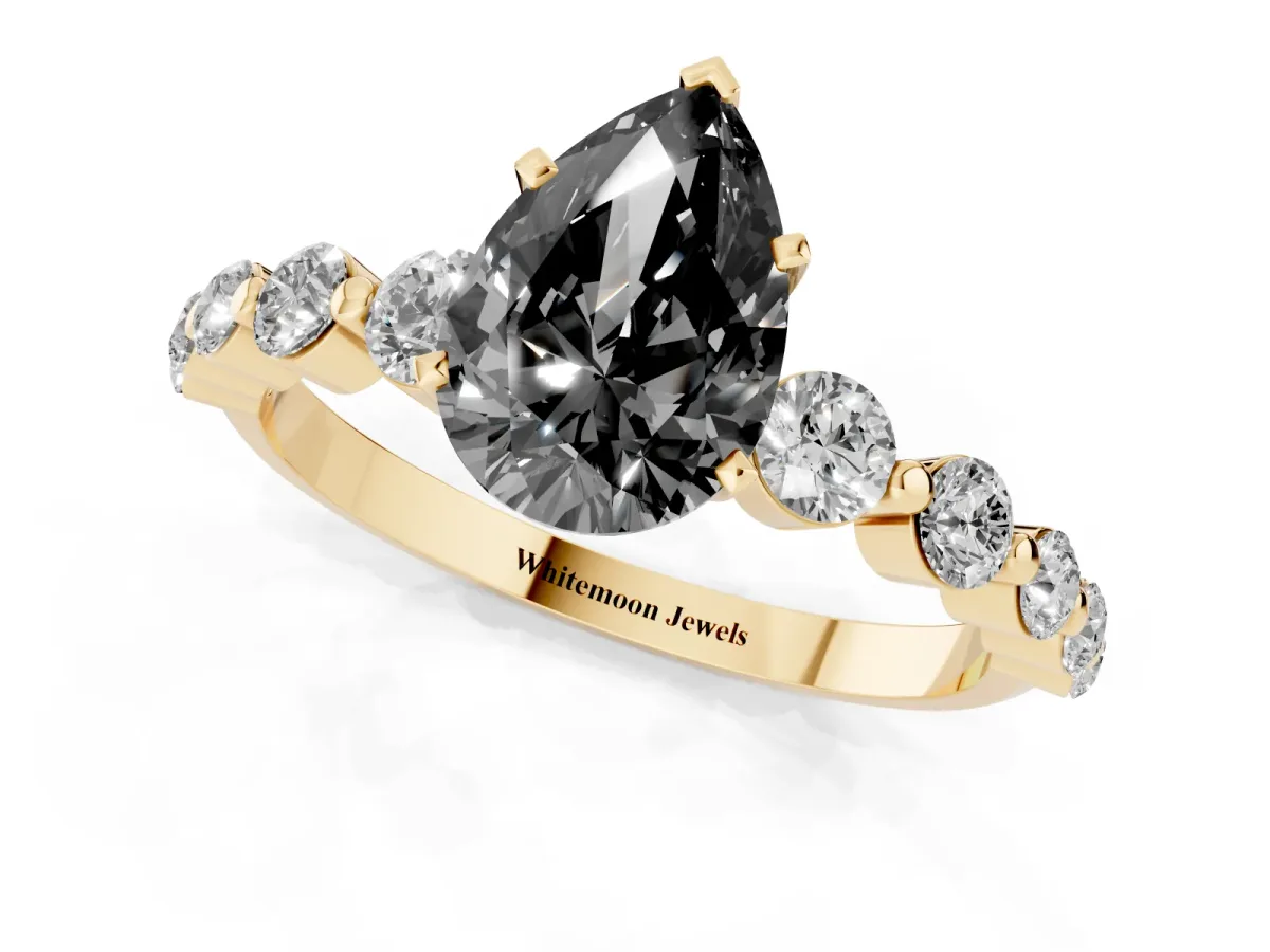 Fancy Black Pear Cut Solitaire Diamond Ring with Pave Band and Four-Prong Setting Yellow gold