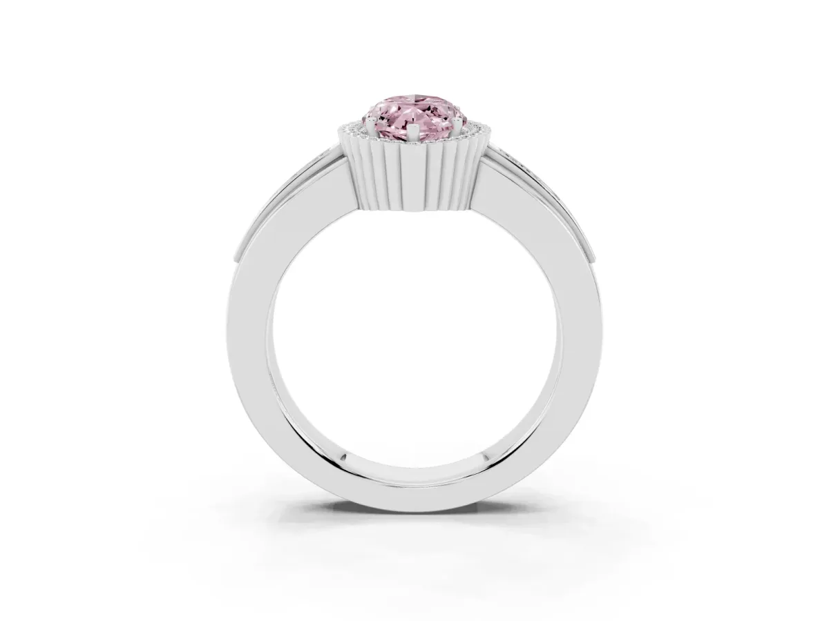 Fancy Pink Marquise Cut Cut Halo Pave Band Four-Prong Ring Platinum