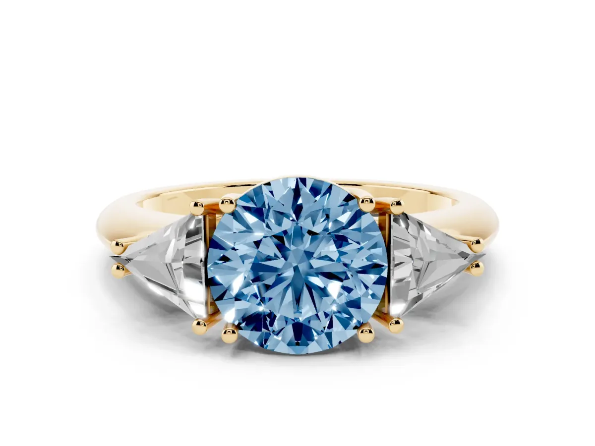 Fancy Blue Three-Stone Round Cut Diamond Engagement Ring with Trillion Side Stones and Prong Setting Yellow gold
