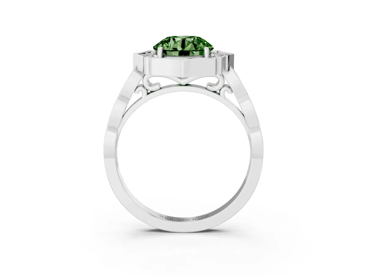 Fancy Green Round Cut Halo Diamond Engagement Ring with Milgrain Band and Four-Prong Setting White gold