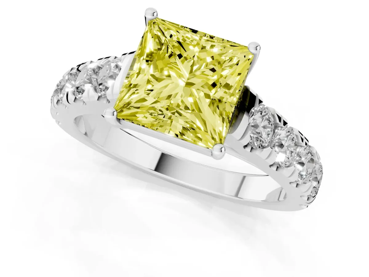 Fancy Yellow Princess Cut Cut Diamond Solitaire Ring with Micro Pave Band and Prong Setting Silver