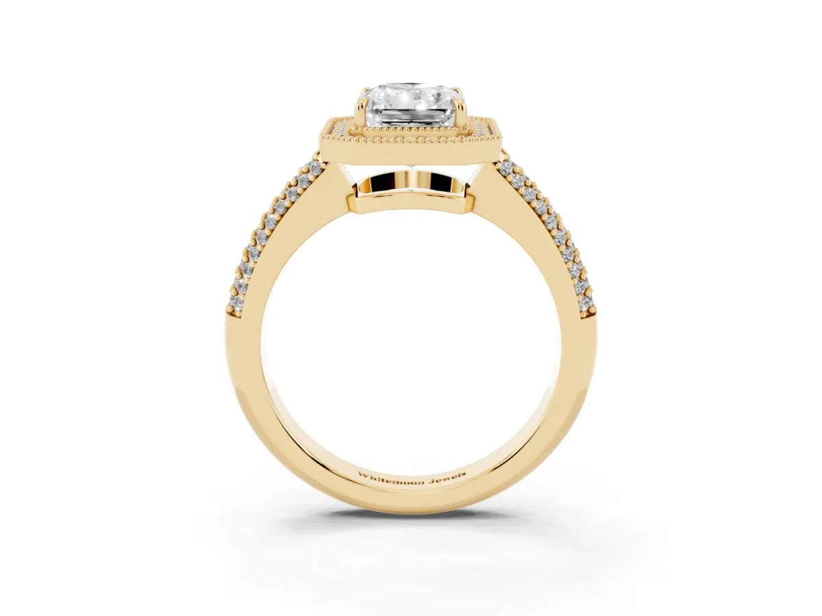 Radiant Cut Cut Halo Diamond Pave Band with Four-Prong Setting Yellow gold