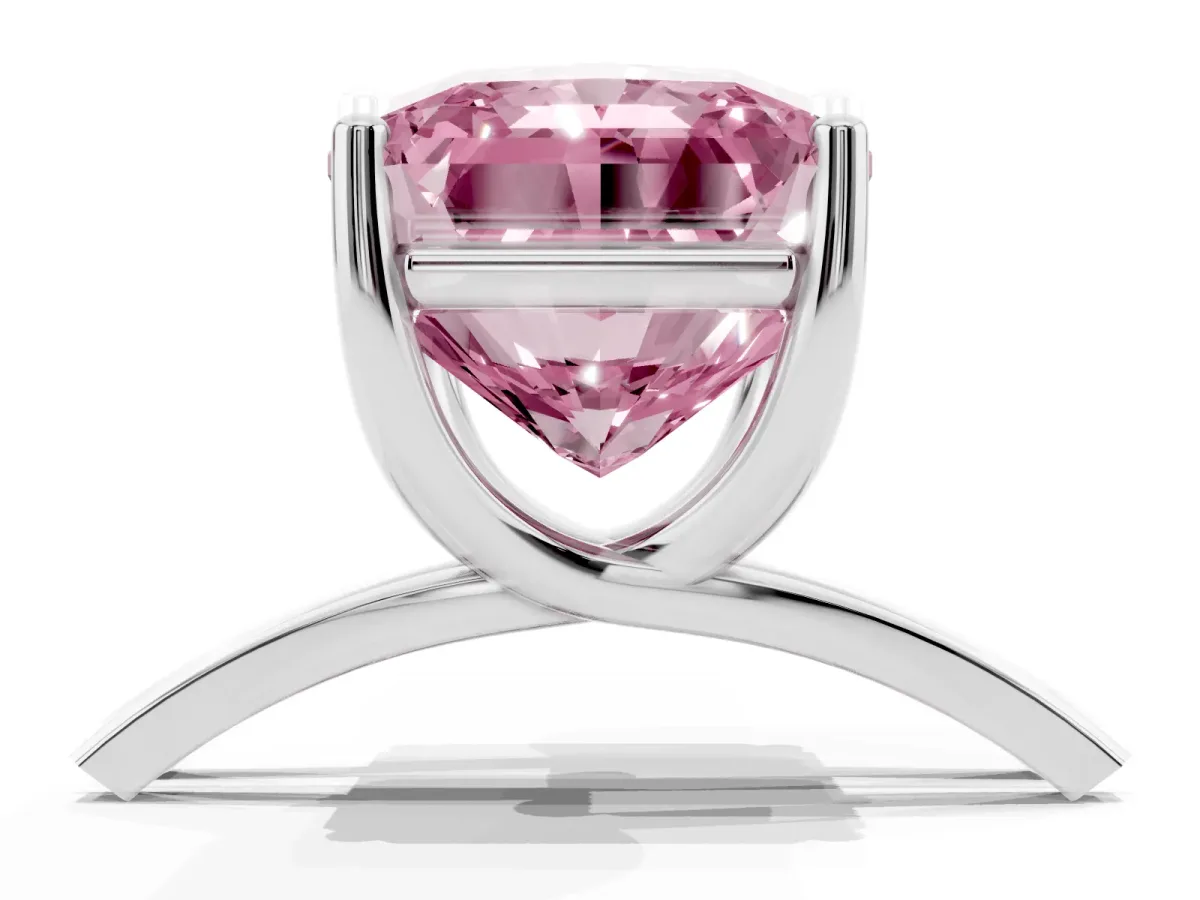 Fancy Pink Radiant Cut Cut Diamond Solitaire Engagement Ring with Tapered Plain Band and Four-Prong Setting Silver
