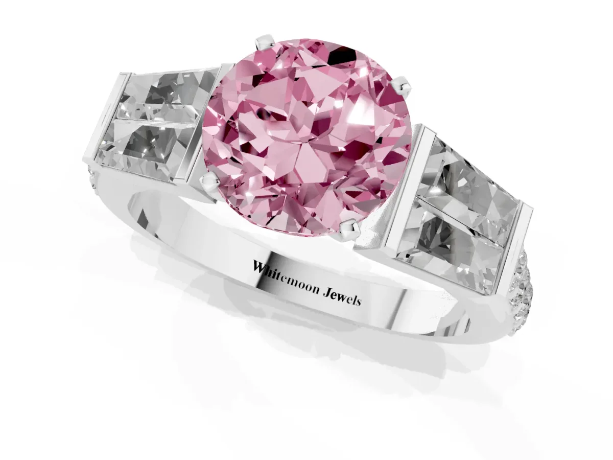 Fancy Pink Round Cut Diamond Engagement Ring with Baguette Side Stones and Channel Set Band Silver