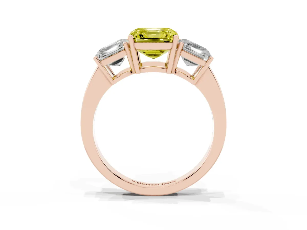 Fancy Yellow Three-Stone Asscher Cut Cut Diamond Engagement Ring with Flat Band and Four-Prong Setting Rose gold
