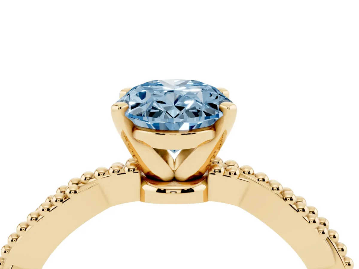 Fancy Blue Oval Cut Solitaire Twisted Band with Bead Prong Setting Yellow gold