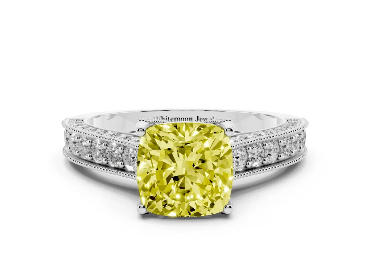 Fancy Yellow Cushion Cut Cut Diamond Solitaire Ring with Milgrain Pave Band and Four Prong Setting Silver