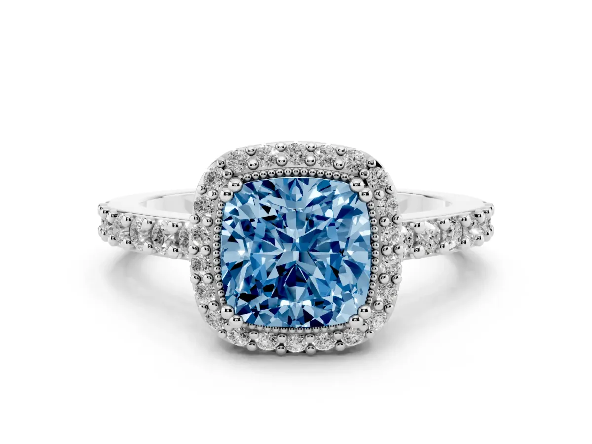 Fancy Blue Cushion Cut Cut Diamond Halo Engagement Ring with Milgrain Detail and Pavé Band Silver