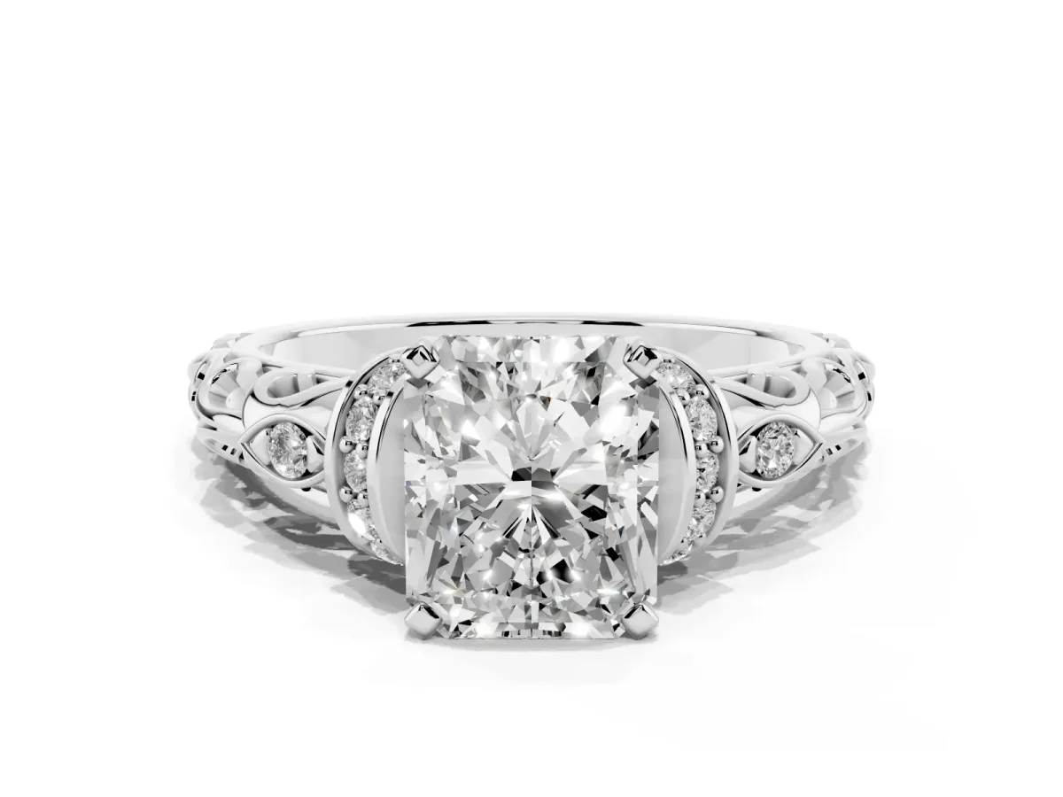 Radiant Cut Diamond Solitaire Ring with Filigree Band and Four-Prong Setting Silver
