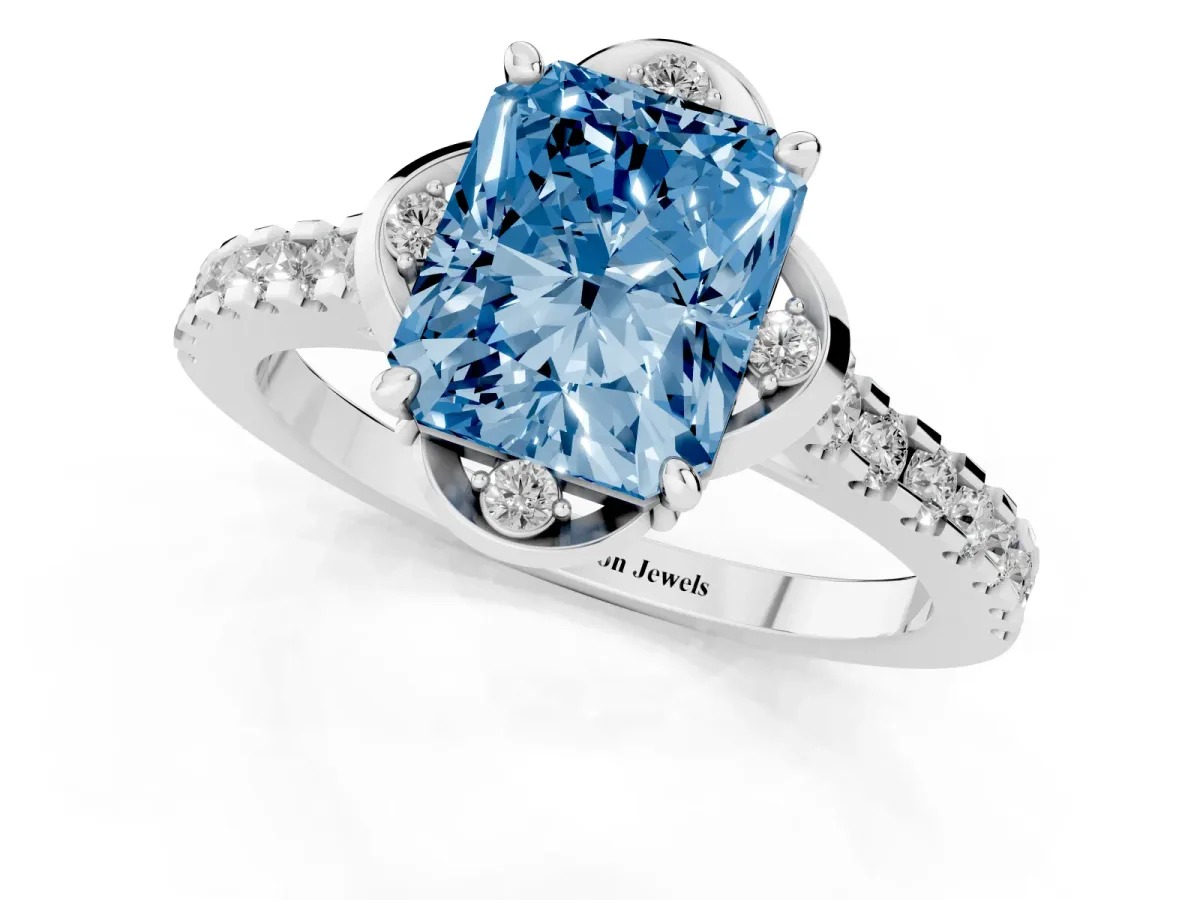Fancy Blue Radiant Cut Diamond Ring with Pavé Band and Floral Prong Setting White gold
