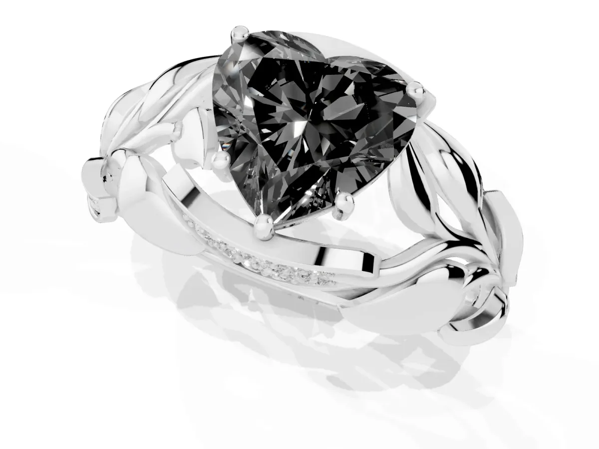 Fancy Black Heart Cut Diamond Leaf-Inspired Engagement Ring with Round Accents and Prong Setting Silver