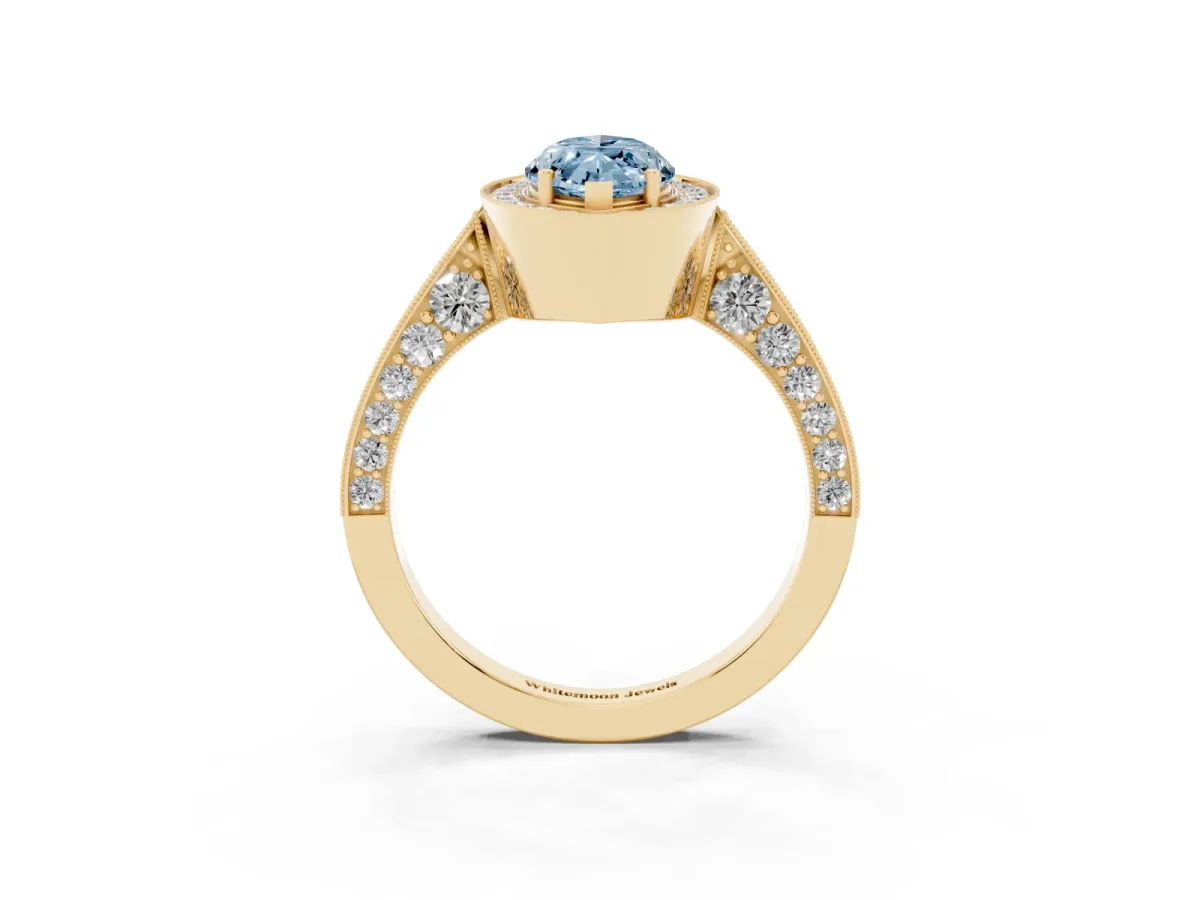 Fancy Blue Marquise Cut Halo Diamond Engagement Ring with Split Shank Band and Four-Prong Setting Yellow gold