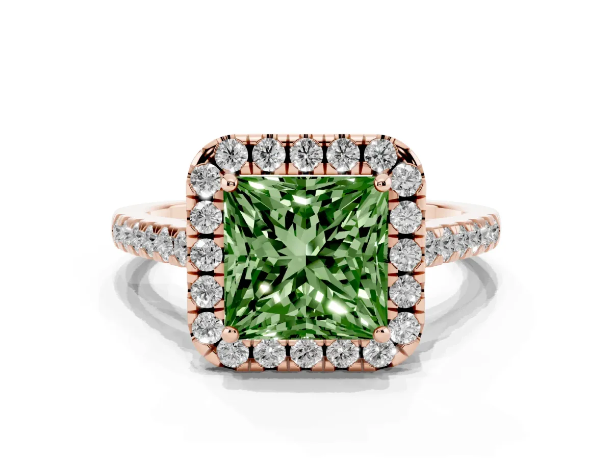 Fancy Green Princess Cut Halo Pave Diamond Engagement Ring with Four-Prong Setting Rose gold