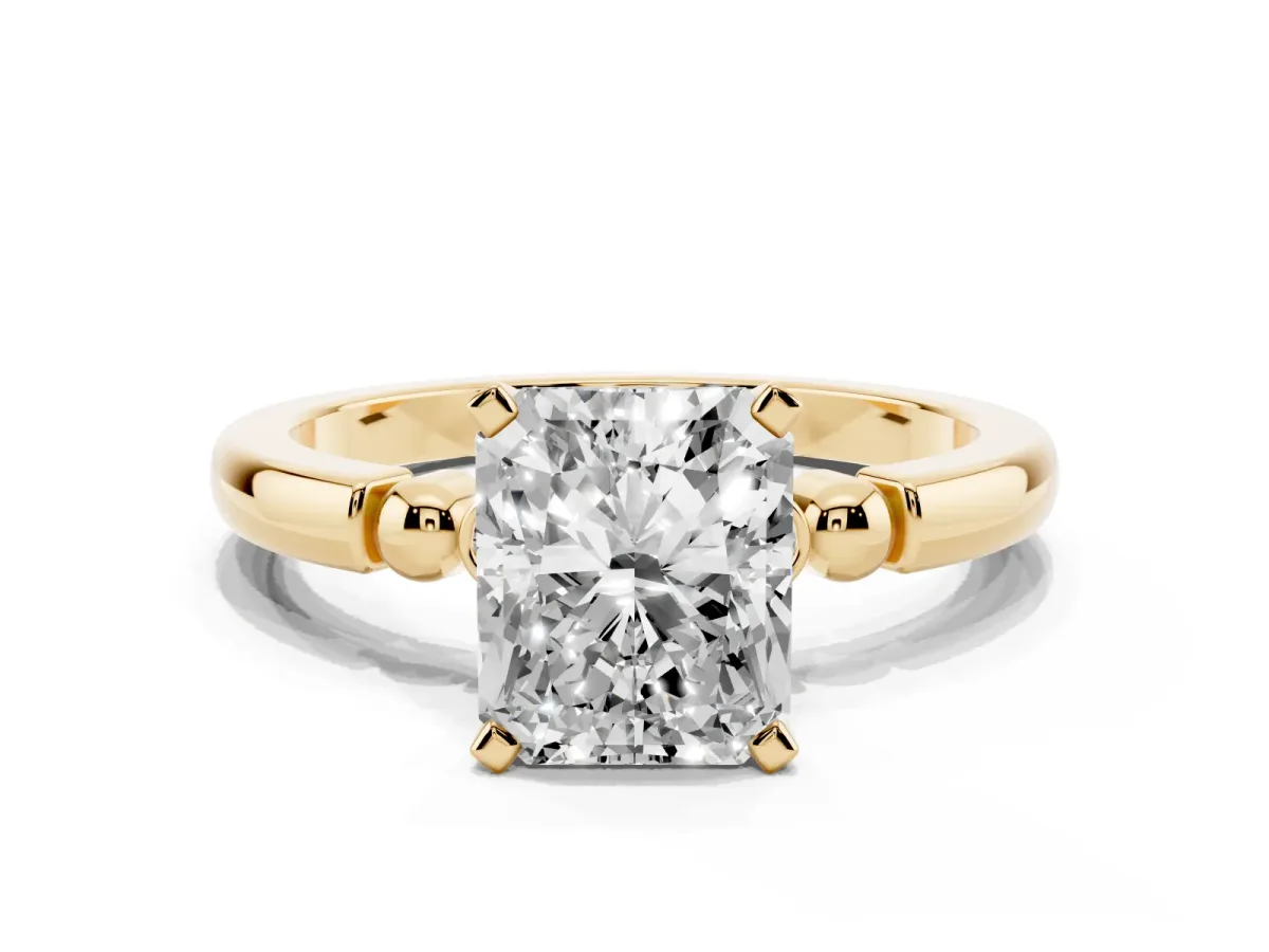 Radiant Cut Solitaire Beaded Band with Four-Prong Setting Yellow gold