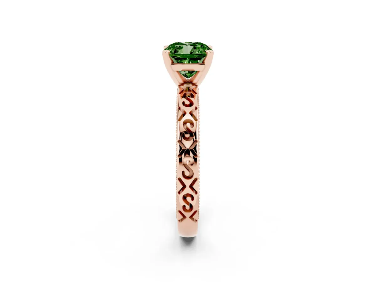 Fancy Green Cushion Cut Solitaire Engagement Ring with Scrollwork Band and Four-Prong Setting Rose gold
