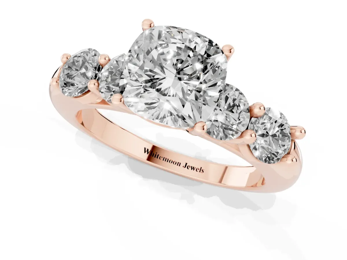 Cushion Cut Cut Five-Stone Prong Set Diamond Ring with Classic Band Rose gold