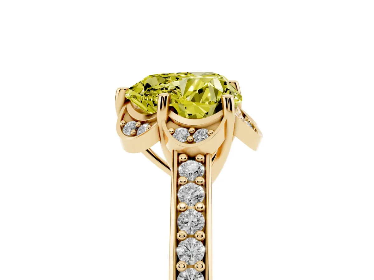 Fancy Yellow Heart Cut Cut Halo Diamond Ring with Channel Set Band and Four-Prong Setting Yellow gold