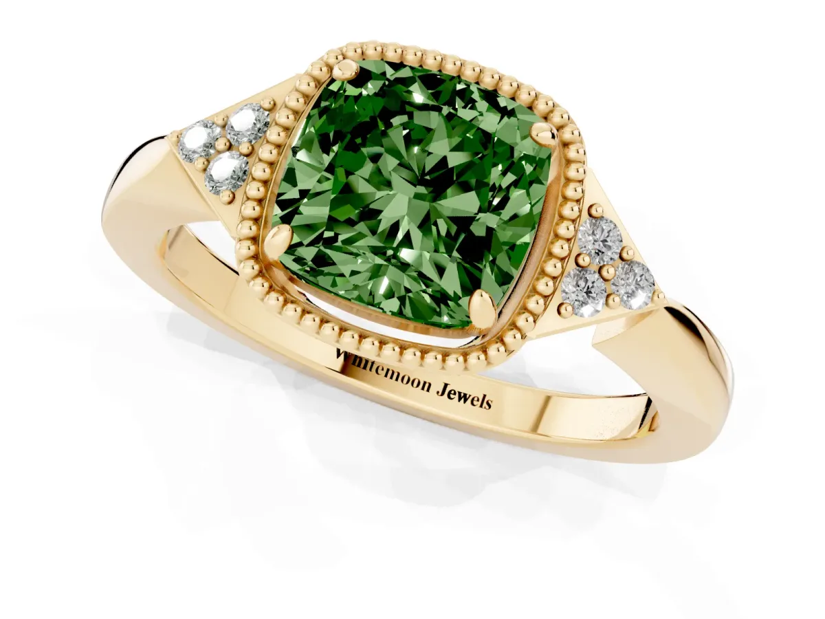 Fancy Green Cushion Cut Diamond Halo Ring with Tapered Band and Four-Prong Setting Yellow gold