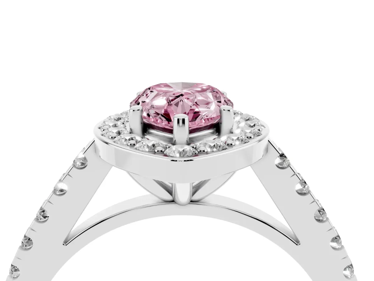 Fancy Pink Pear Cut Diamond Halo Ring with Round Pavé Split Shank and Prong Setting Silver