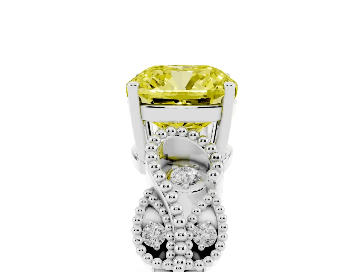 Fancy Yellow Cushion Cut Solitaire Milgrain Leaf Band with Prong Setting Platinum