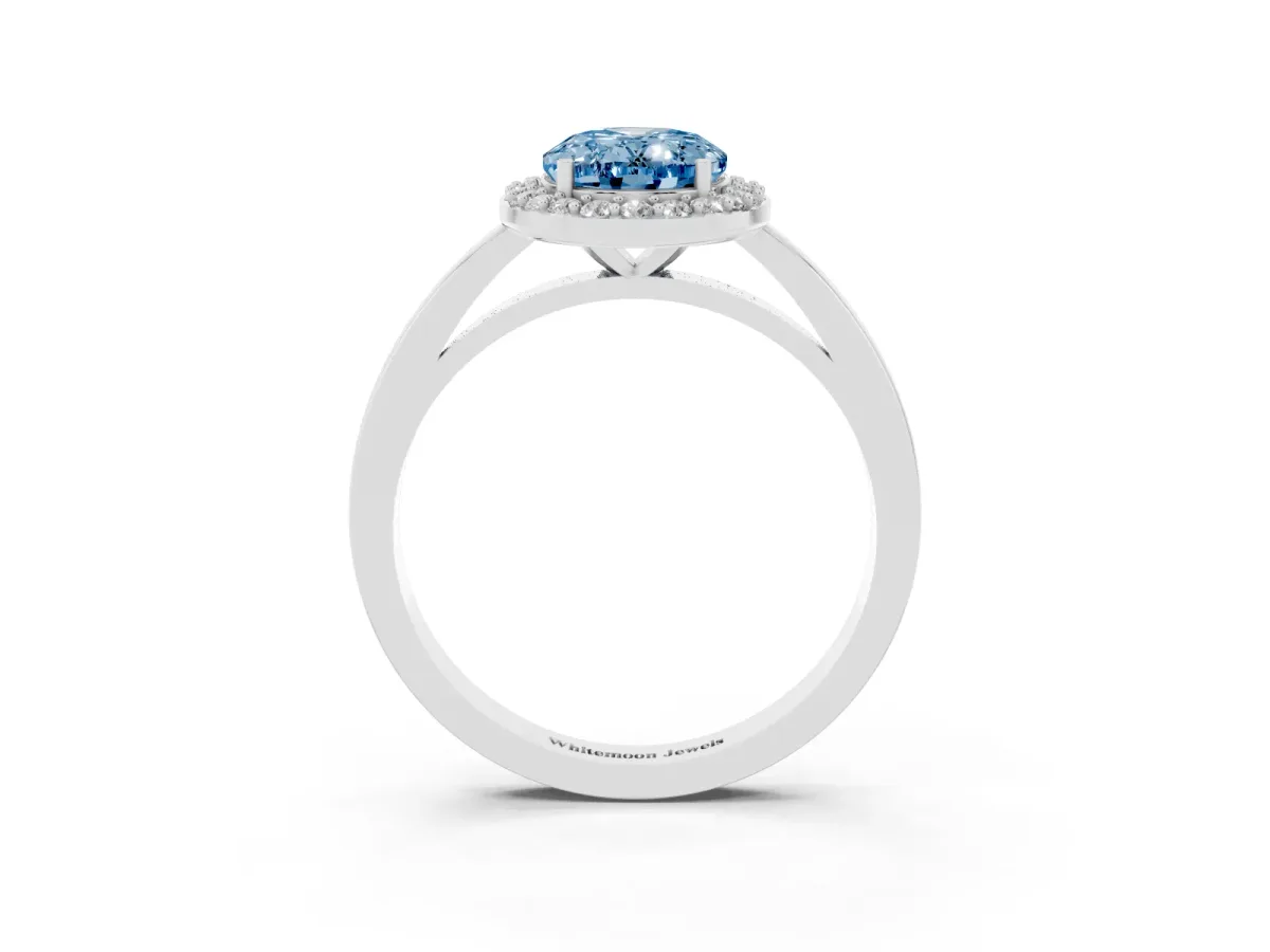 Fancy Blue Oval Cut Halo Diamond Ring with Solitaire Band and Prong Setting Platinum