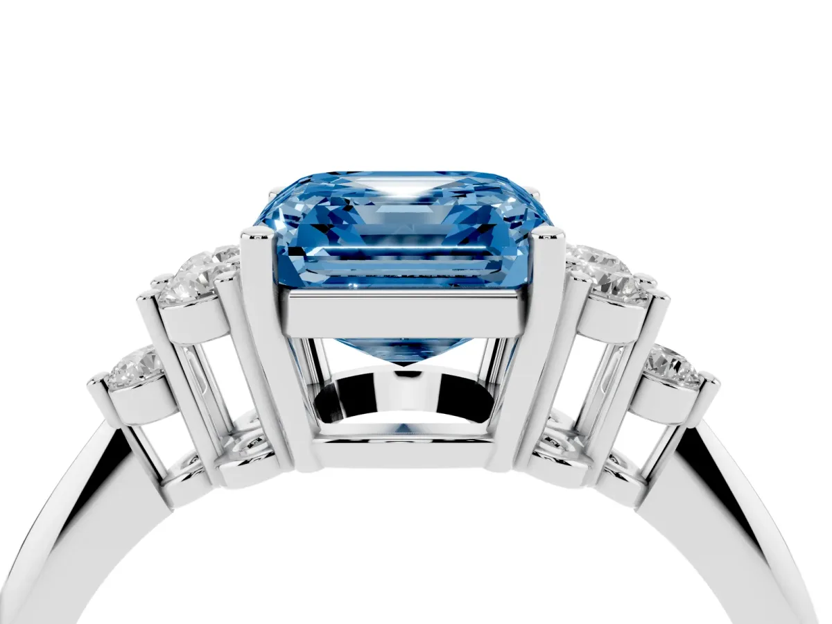 Fancy Blue Asscher Cut Cut Diamond Cluster Ring with Solitaire Band and Four-Prong Setting Silver