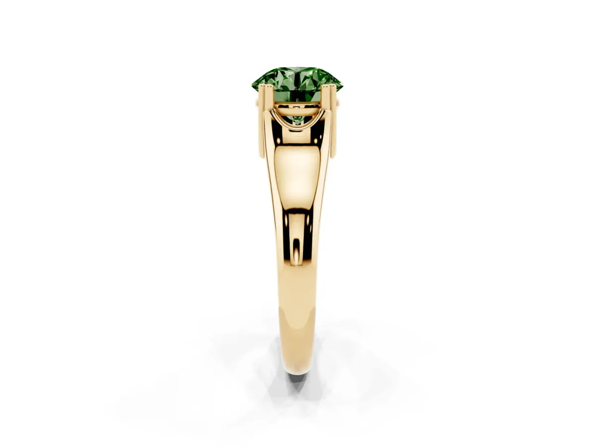 Fancy Green Round Cut Diamond Solitaire Ring with Wide Band and Prong Setting Yellow gold