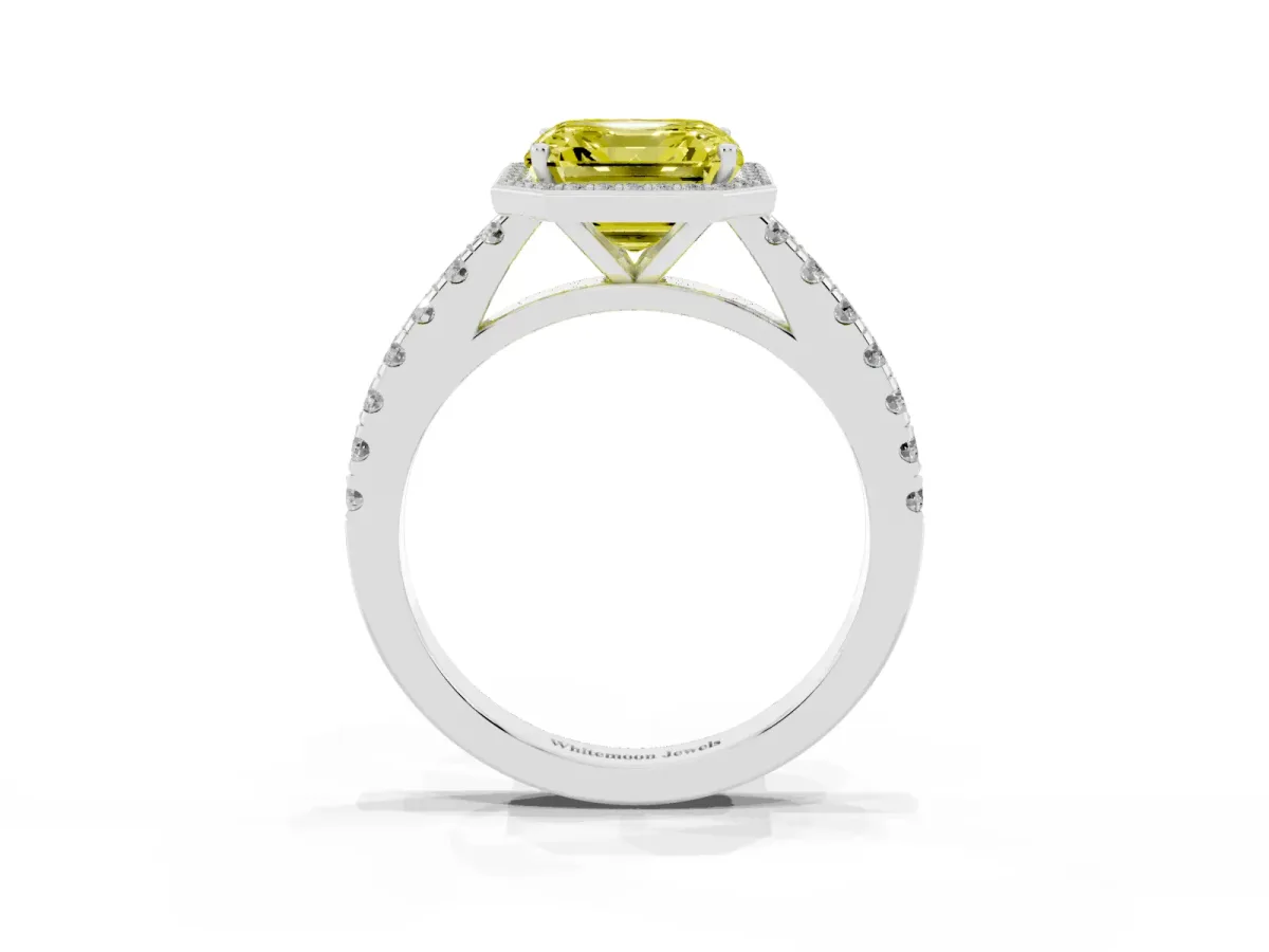 Fancy Yellow Asscher Cut Cut Halo Diamond Engagement Ring with Pave Band and Four-Prong Setting Platinum