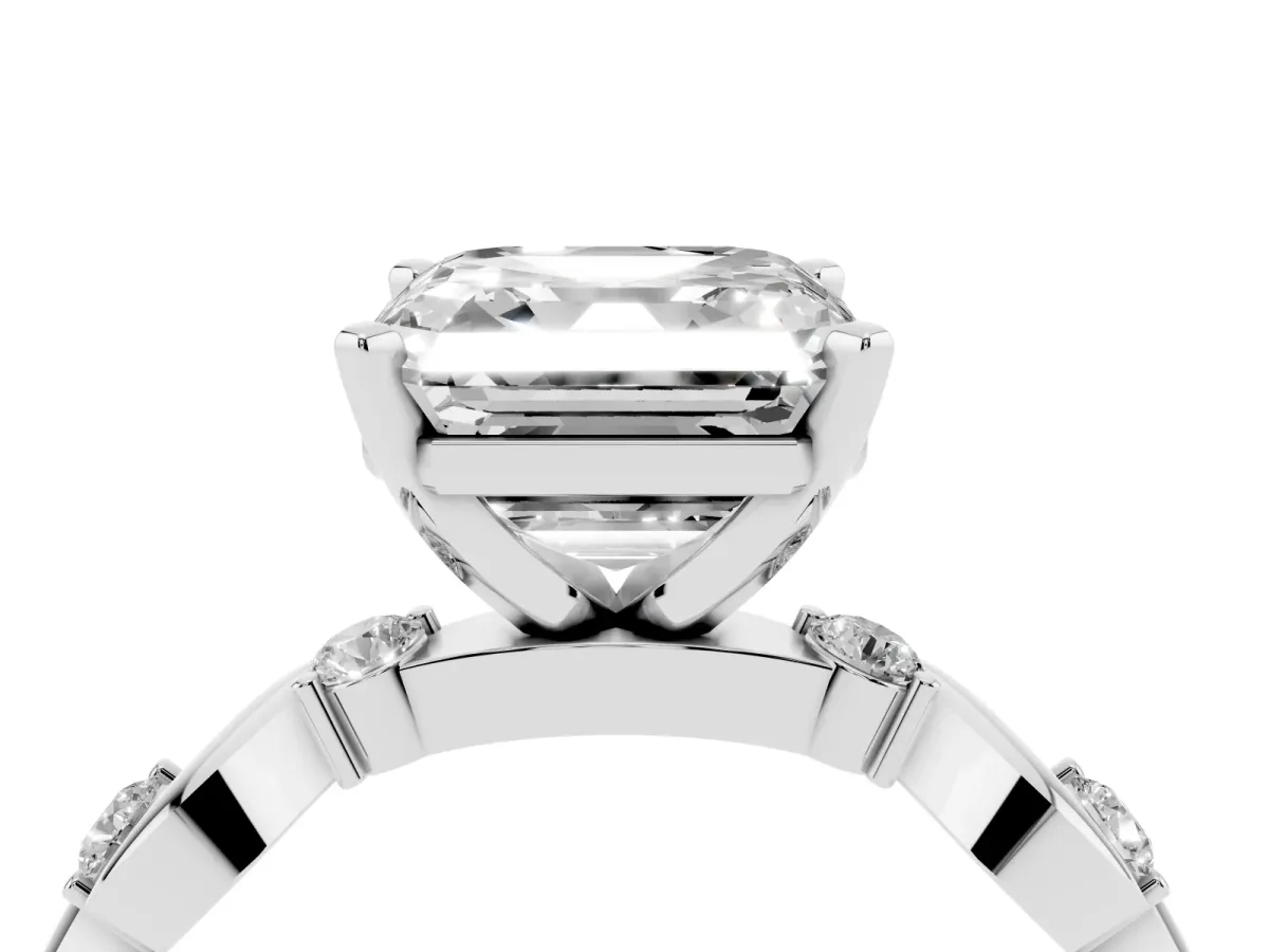 Asscher Cut Diamond Solitaire Twisted Band with Round Accents and Prong Setting Platinum