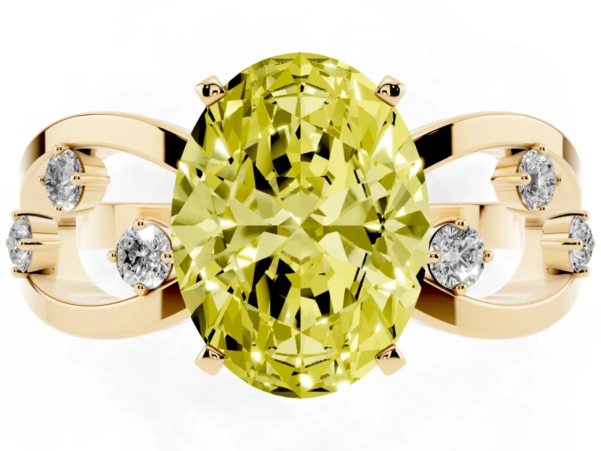 Fancy Yellow Oval Cut Cut Solitaire Diamond with Side Stones on Criss-Cross Band and Four-Prong Setting Yellow gold