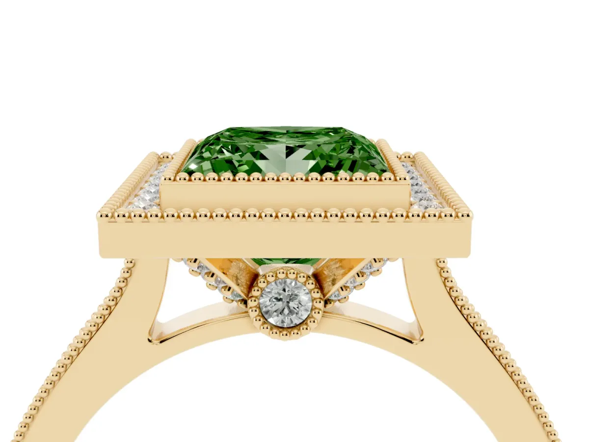Fancy Green Halo Princess Cut-Cut Diamond Pave Band Milgrain Prong Setting Ring Yellow gold