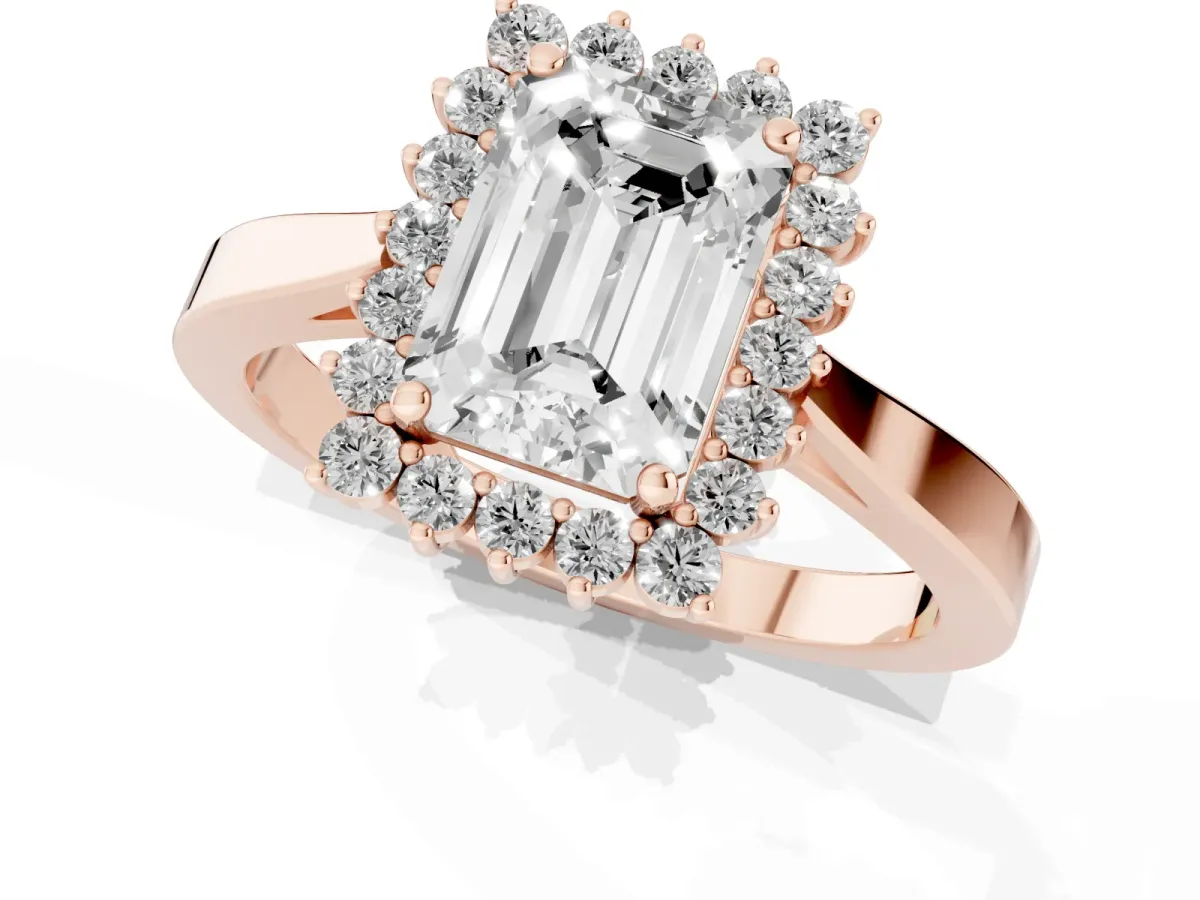 Emerald Cut Cut Diamond Halo Ring with Round Brilliant Halo and Solitaire Band Rose gold