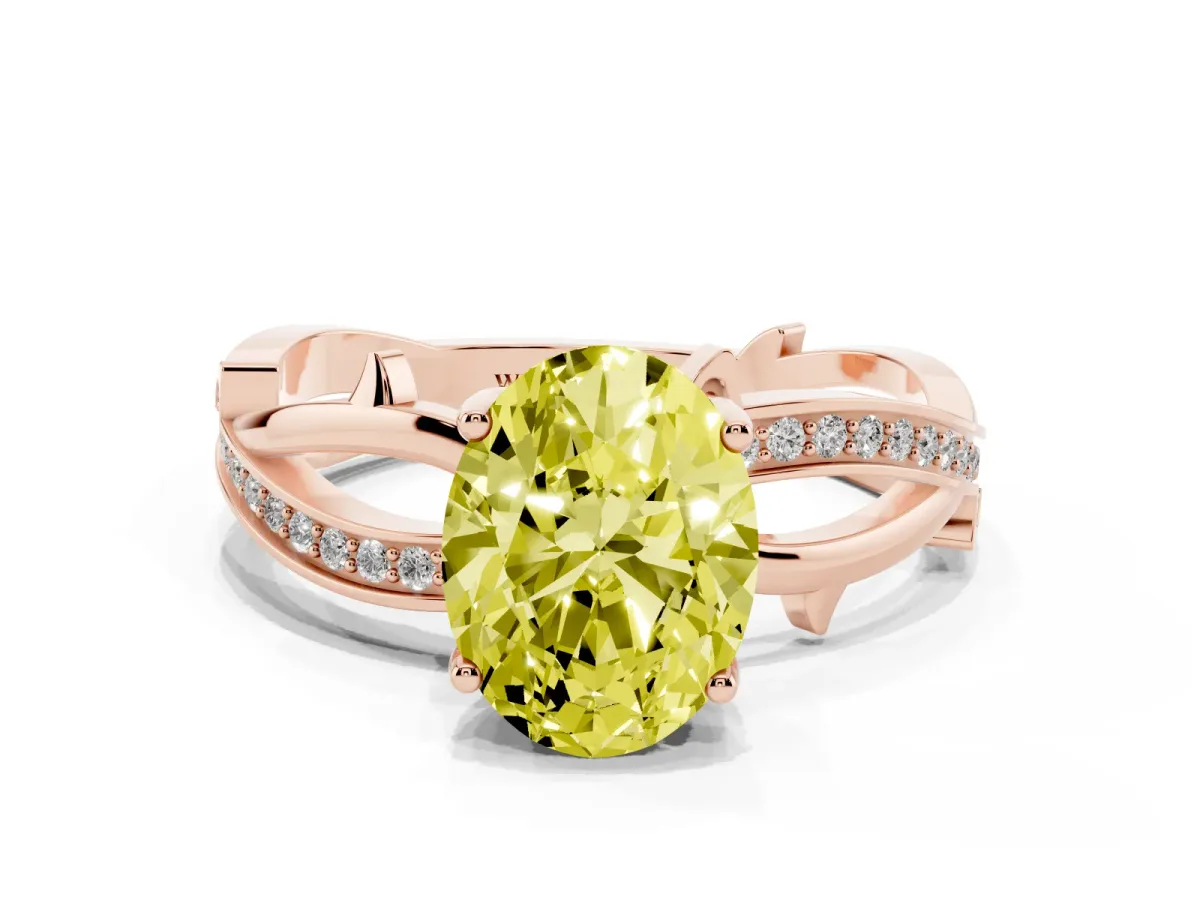 Fancy Yellow Oval Cut Solitaire Twist Band with Pavé Accents and Four-Prong Setting Rose gold