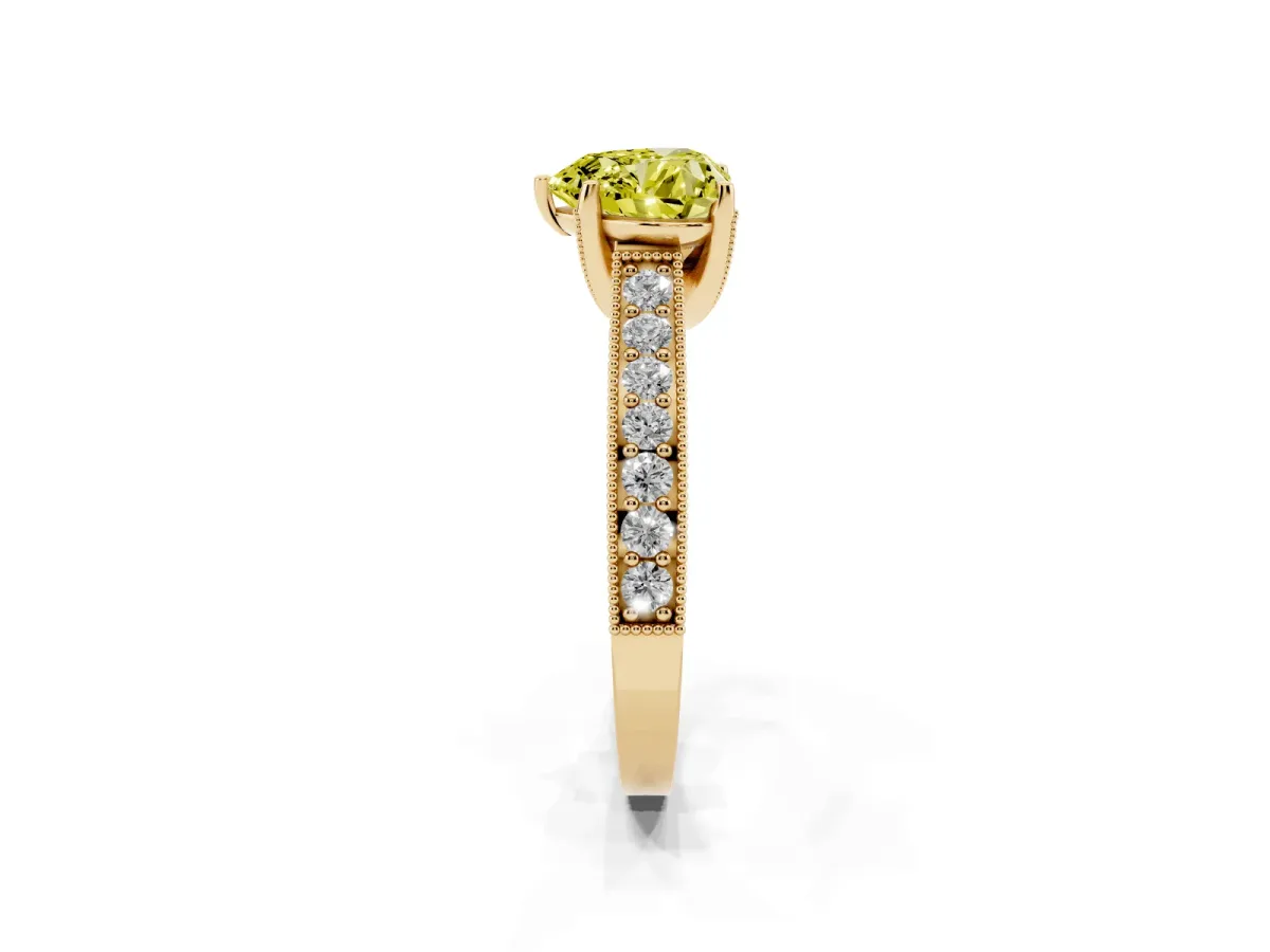 Fancy Yellow Heart Cut Cut Diamond Solitaire Ring with Milgrain Pave Band and Four Prong Setting Yellow gold