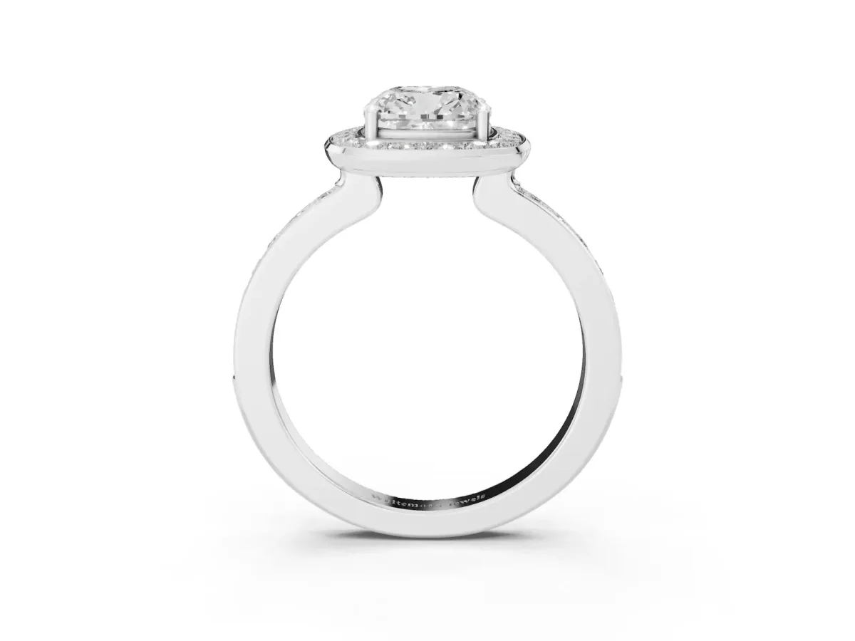 Cushion Cut Diamond Halo Ring with Bezel Frame and Pavé Band Silver
