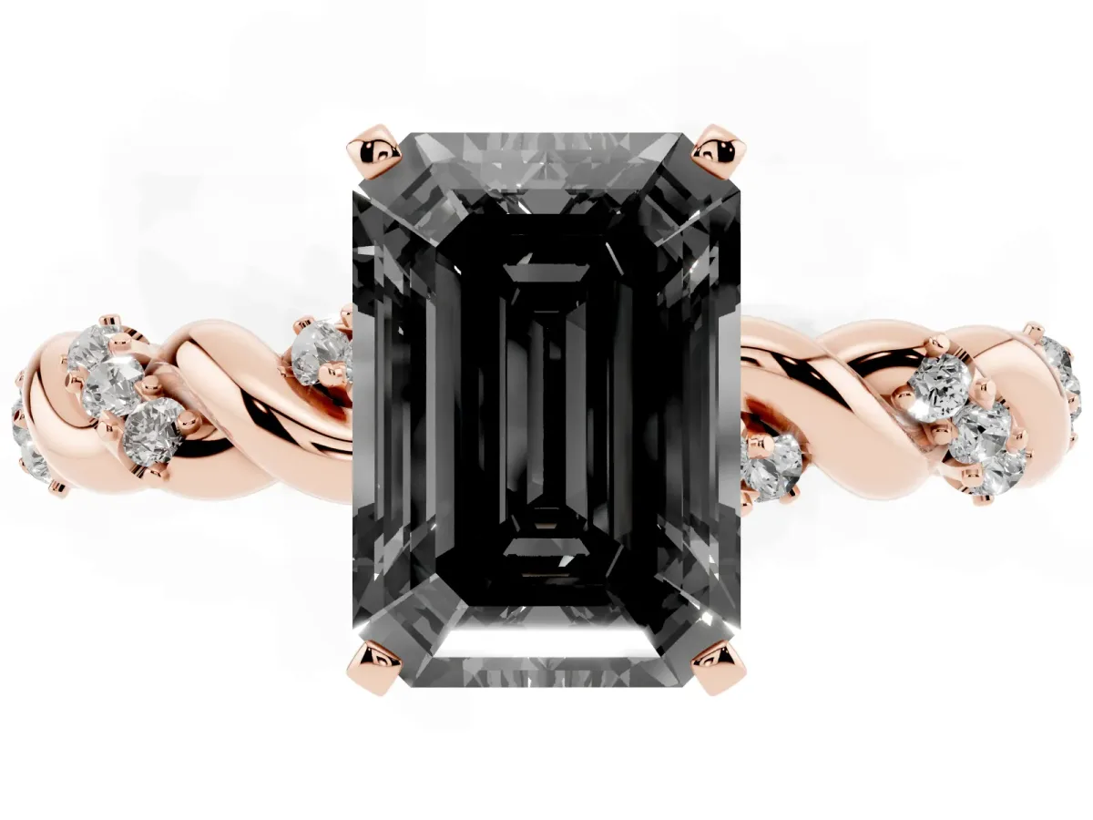 Fancy Black Emerald Cut Diamond Solitaire Ring with Twisted Band and Pavé Accents Rose gold