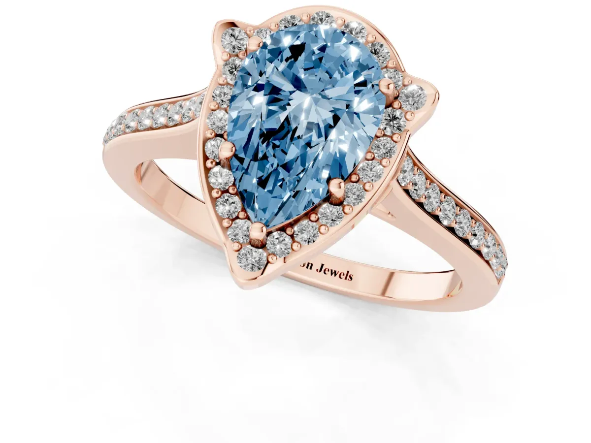 Fancy Blue Pear Cut Halo Round Diamond Pave Band with Four-Prong Setting Rose gold