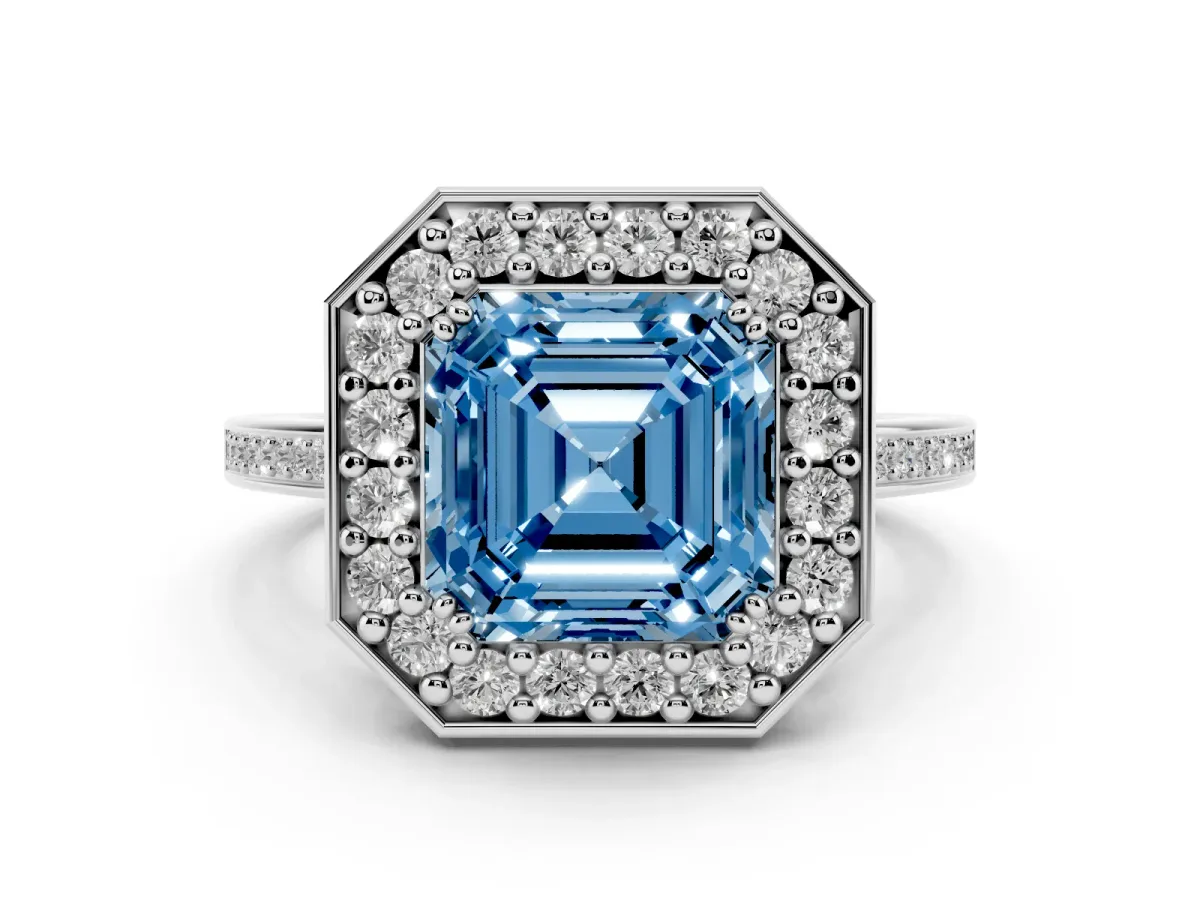 Fancy Blue Asscher Cut Diamond Halo Ring with Split Shank and Four-Prong Setting Platinum