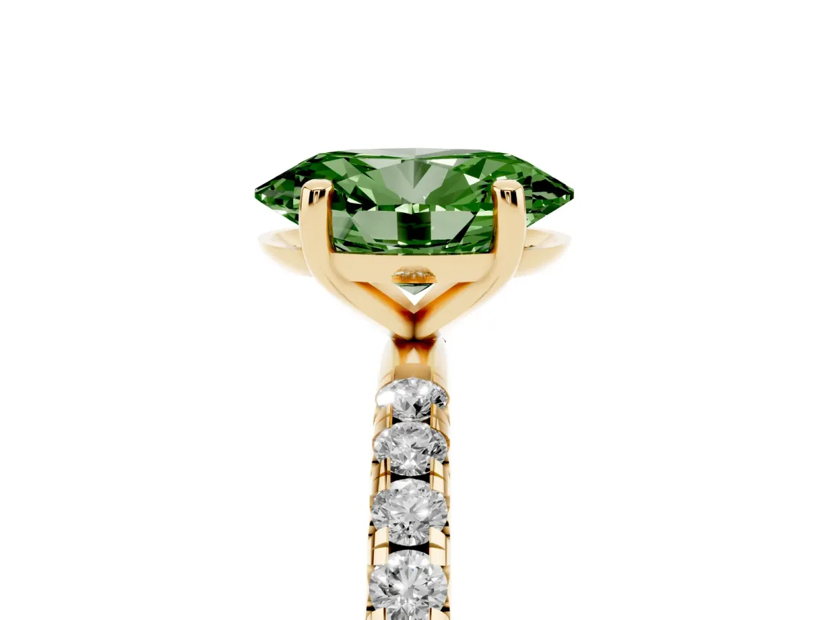 Fancy Green Oval Cut Cut Diamond Solitaire Ring with Micro Pave Band and Four Prong Setting Yellow gold