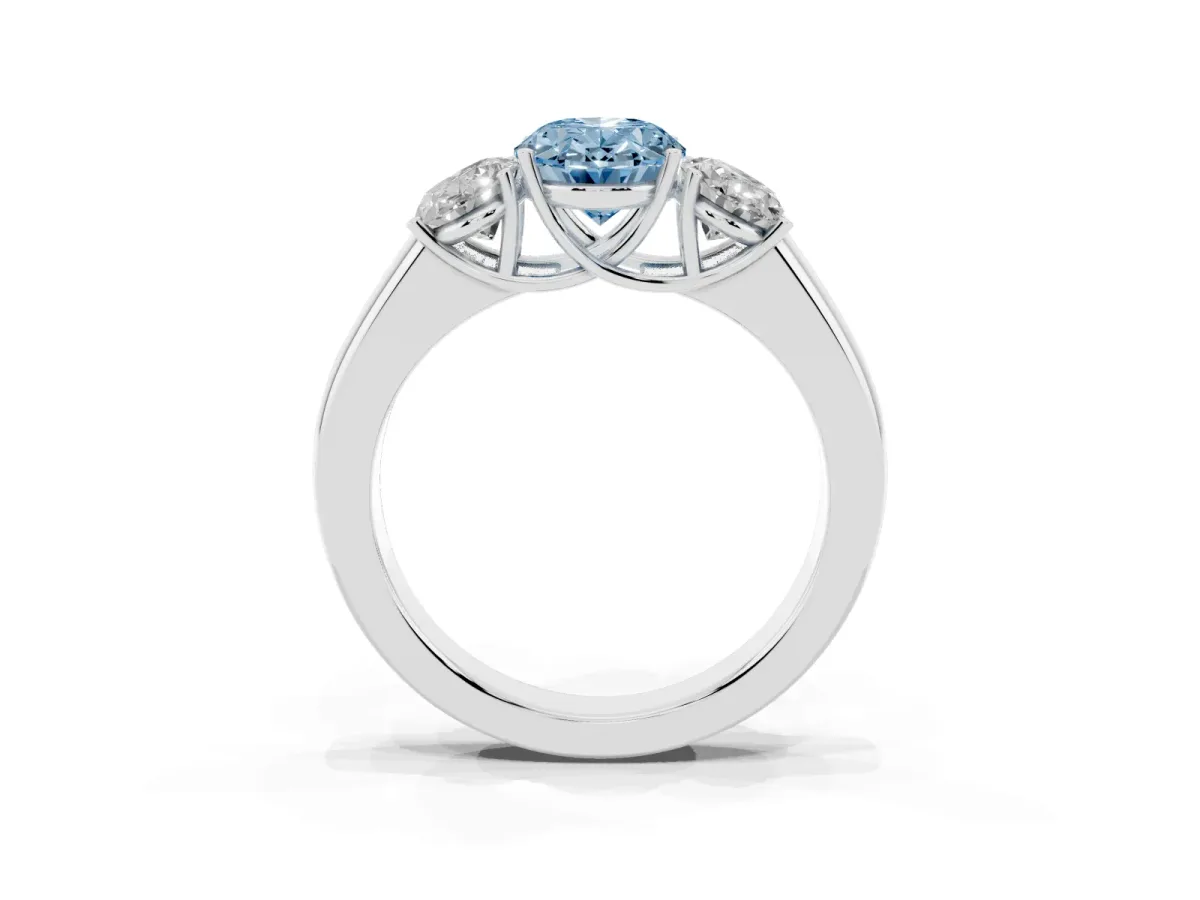 Fancy Blue Three-Stone Oval Cut Cut Diamond Ring with Prong Setting and Classic Band Silver