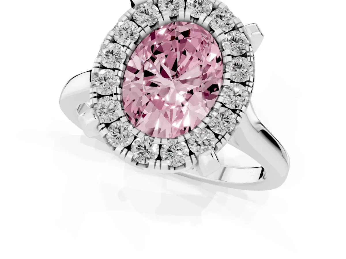 Fancy Pink Oval Cut Diamond Cluster Halo Solitaire with Four-Prong Setting Silver
