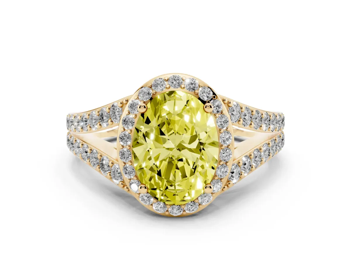 Fancy Yellow Oval Cut Diamond Split Shank Halo Ring with Four-Prong Setting Yellow gold