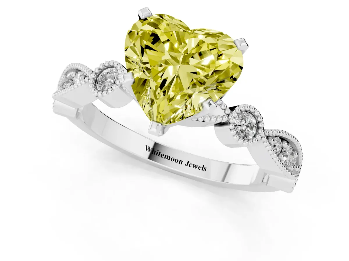 Fancy Yellow Heart Cut Milgrain Bezel Diamond Engagement Ring with Solitaire Prong Setting Silver