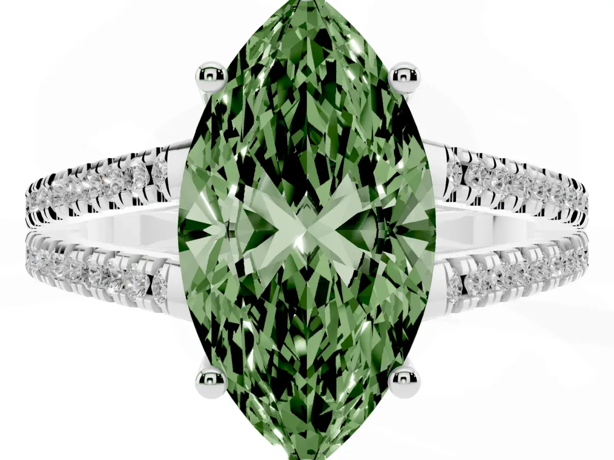 Fancy Green Marquise Cut Diamond Solitaire Engagement Ring with Split Shank Pavé Band Silver